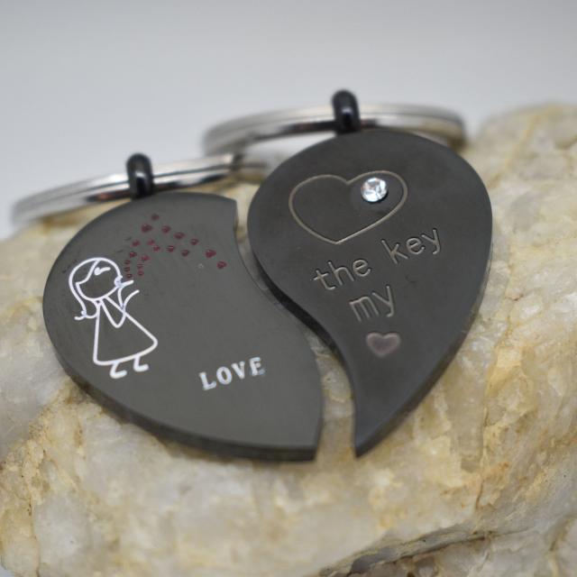 Couple Black Half Heart StickGirl Matching Stainless Steel Keychains.jpg